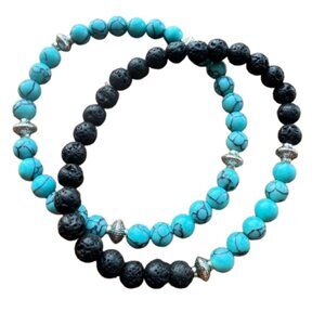 Set of 2 men's stretch bracelets - Blue turquoise & Lava natural stones NWT